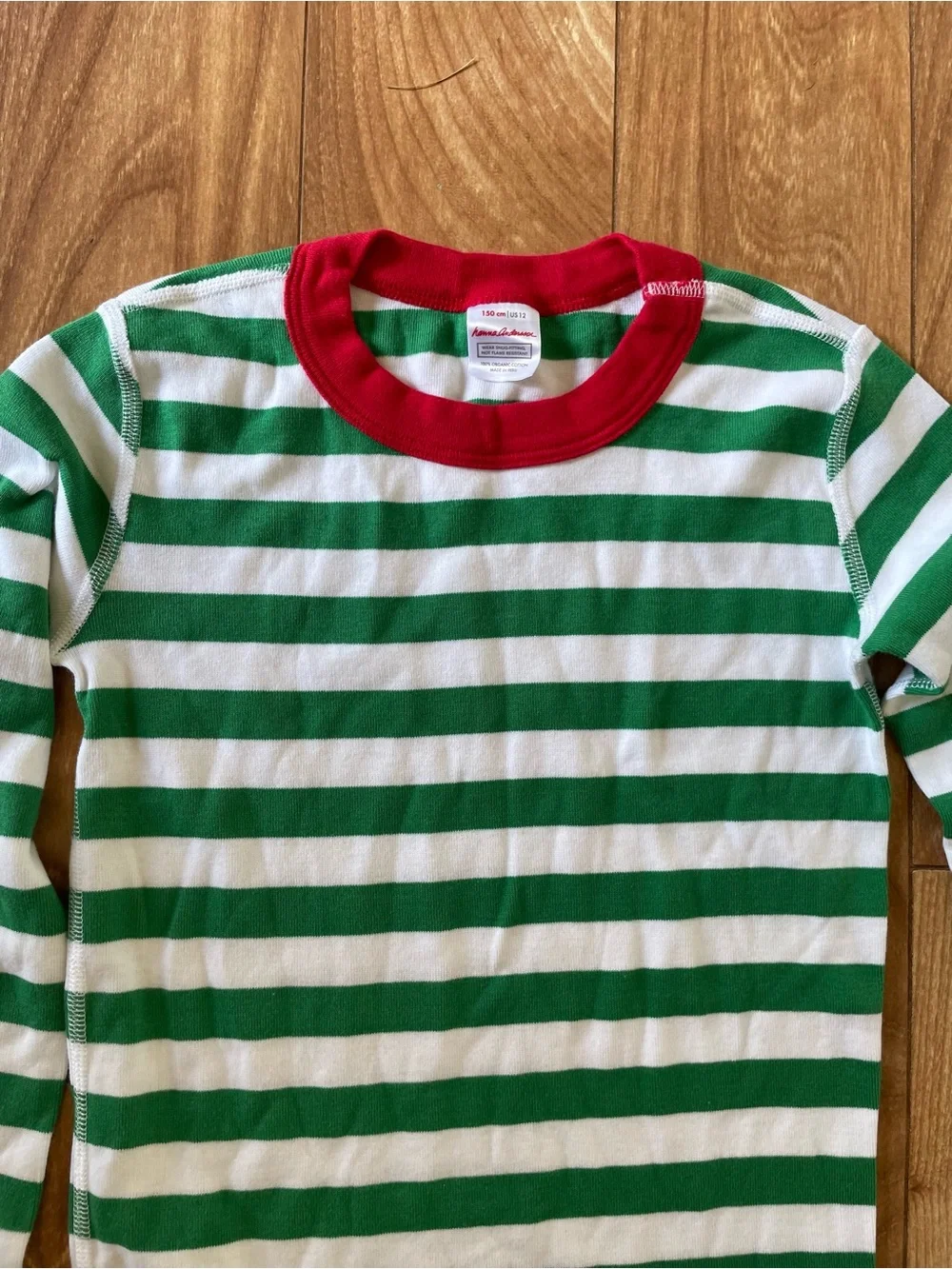 Hanna Andersson Green & White Striped Cotton Pajama Set with Red Trim Size 12
